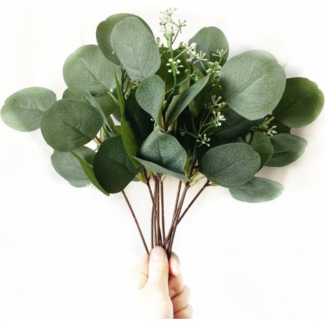 Lot de 10 feuilles d'eucalyptus vert artificiel par tige, feuilles d'eucalyptus argenté, tiges et feuilles artificielles, idéales pour les vases de m (1/4)