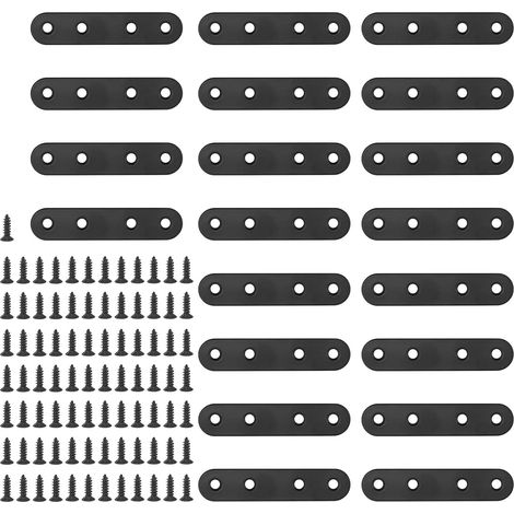 Lot de 20 équerres d'angle plates et droites de 80 mm en métal noir avec 85 vis pour meubles en bois (80 x 2 mm) (1/5)