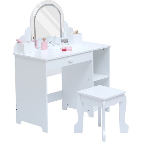 Table de Coiffeuse et Bureau 2-en-1pour Enfants+Miroir LED––Coiffeuse Maquillage et Table d’Étude+Tiroirs, Étagères Ouvertes-Blanc (1/5)