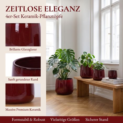 Lot de 4 — Grand cache-pot en céramique rouge profond, résistant au gel et aux intempéries (1/5)