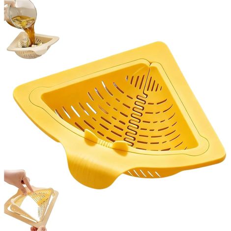 Filtre d'évier triangulaire magnétique – Panier de filtre de drainage pliable sans perforation avec fond ouvert à torsion, fixation magnétique solide pour cuisine (jaune) (1/5)