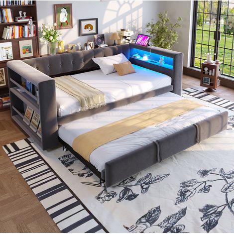 MEUBLIV Bettgestell 180x190 cm Dunkelgrau – mit LED, Stauraum und Steckdosen, ohne Matratze (1/5)