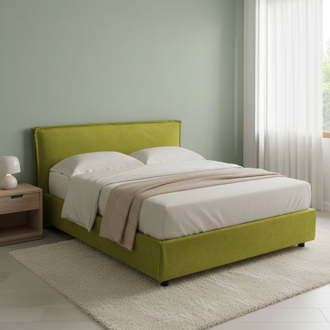 Cama Doble Bruzolo, Cama Matrimonial Con Colchón Incluido, Desenfundable Made in Italy, Con Almacenaje, Verde (1/5)