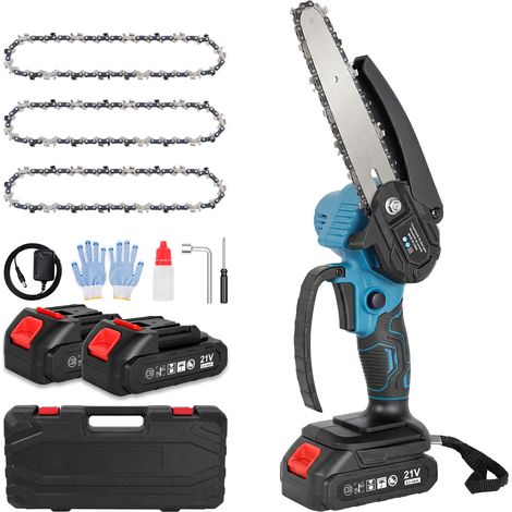 Traderight Mini Chainsaw Cordless 6In and 8In Dual Bar Garden Pruning Black Blue (1/5)