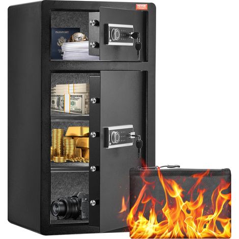 Coffre-fort à Double Porte 204 L, Déverrouillé par Clé et Mot de Passe, avec Sac Ignifuge, Porte-Clés, Lumière LED et 2 Séparateurs Réglables en Hauteur et Amovibles, pour Argent, Bijoux, Noir (1/5)