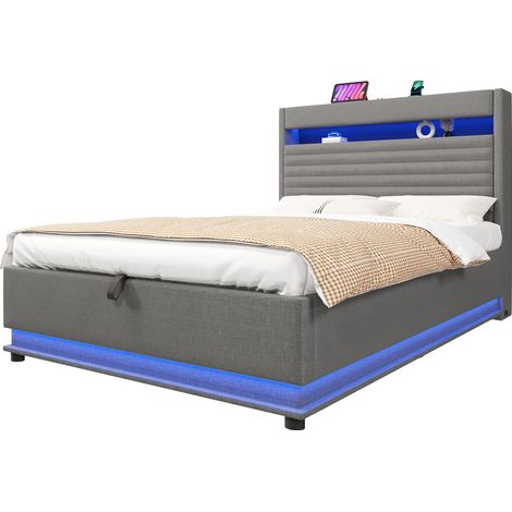 Polsterbett 140 x 200 cm aus Leinen, Doppelbett mit USB, Type-C, Verstellbarer LED und Ablage, ohne Matratze, Grau (1/5)