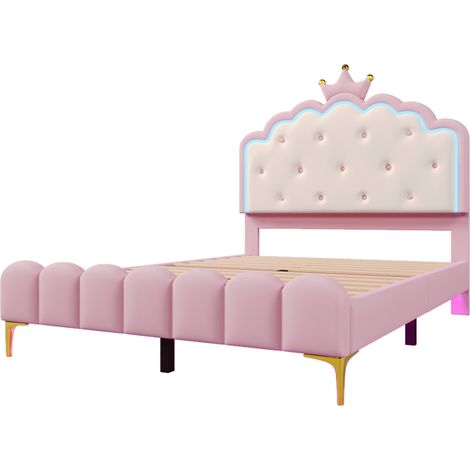 Letto imbottito principessa 140 x 200 cm con rete a doghe, luci LED, PU rosa (1/5)