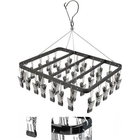 BelleRise - Étendoir à Linge en métal avec 36 Clips, Crochet Coupe-Vent, Pince à Linge Pliable pour Chaussettes, Soutien-Gorge(Noir) (1/5)