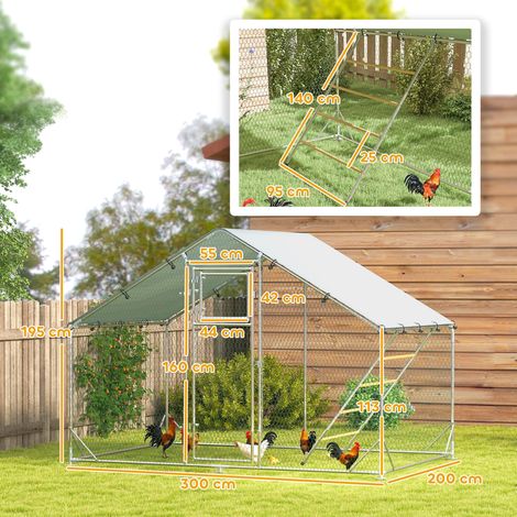 Enclos poulailler argent métal 300x200x195cm couverture anti-UV porte de nourrissage perchoir, volière pour 6 à 8 poules petits animaux jardin (1/5)