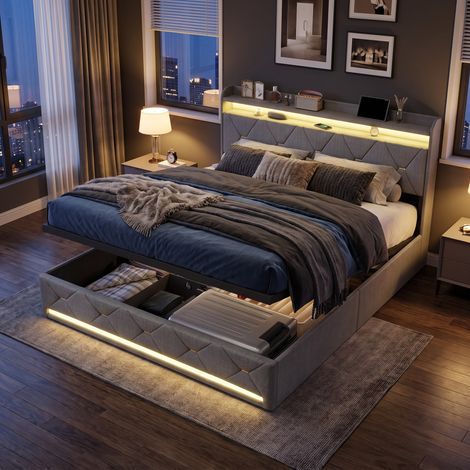 Lit coffre 160x200 cm avec chargeur sans fil, USB, Type-C et éclairage LED RGB Intelligent, sommier hydraulique Moderne - Lin - Gris (1/5)