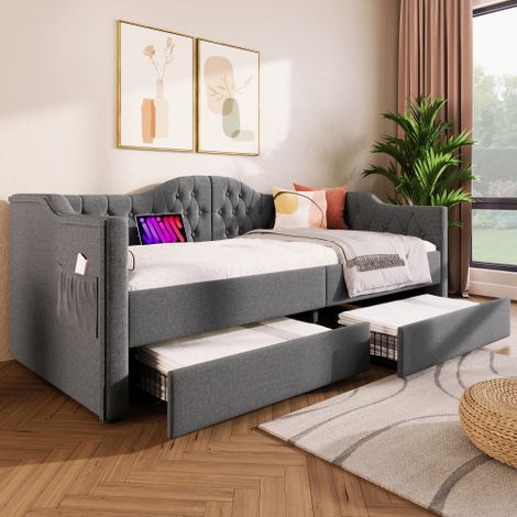 Polsterbett Daybett Schlafsofa Stauraumbetten Bettgestell mit USB Type C Ladefunktion und 2 Schubladen Samt in  Samt(Ohne Matratze)