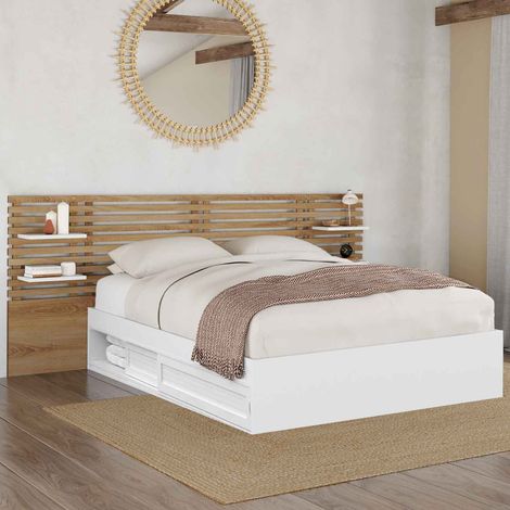 Cama doble SAVANA con cabecero, mesillas de noche, espacio de almacenamiento y somier de 140 x 190 cm de haya y lamas blancas (1/5)