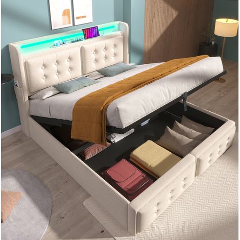Letto imbottito 180x200 cm con contenitore, LED e USB-C, rete a doghe e struttura in metallo (1/5)