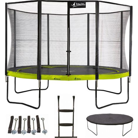Trampoline de jardin rond 430 cm – Structure en acier galvanisé – Charge max 100 kg – Filet de sécurité et échelle inclus – Couverture de propreté – Kangui