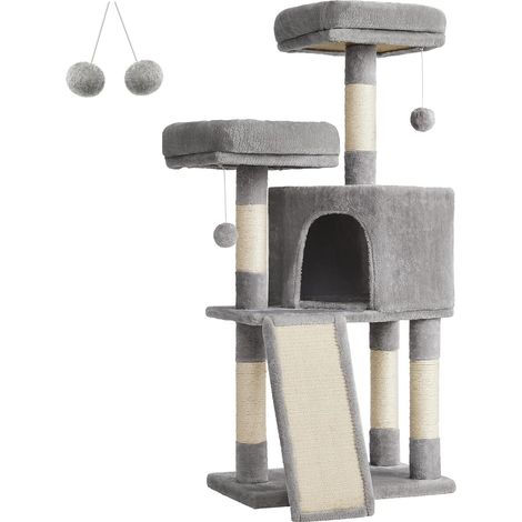Feandrea – Arbre à chat 115 cm gris clair – Panneau d’aggloméré, peluche, sisal – 2 plateformes, 1 niche, poteaux à gratter – Dispositif anti-basculement