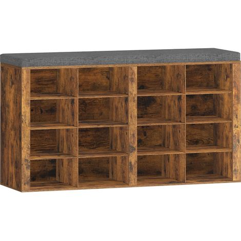 Shoe Storage Bench with Padded Seat, Shoe Rack Bench with 16 Open Compartments & Adjustable Shelves, Shoe Cabinet with Cushion for Hallway, Living Room & Bedroom (1/5)