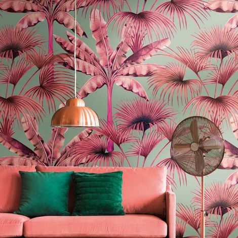 Fototapete Profhome 391833 heißgeprägte Vliestapete glatt mit Dschungel-Design matt rosa türkis-grün pink blass-grün 1,59 m x 2,8 m