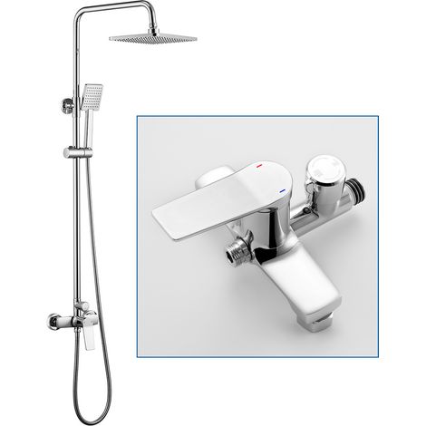 Auralum Colonna Doccia con Miscelatore in ottone Cromo, 2 funzioni Set de doccia con Soffione 29,2x19cm e Doccetta, Altezza regolabile dopo l'installazione 90-124 cm