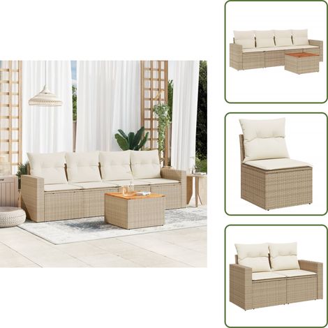 5-tlg. Garten-Sofagarnitur mit Kissen Beige Poly Rattan - Gartenmöbel Set - PE-Rattan Möbel - Outdoor Lounge - Esstisch Set - Balkonmöbel (1/5)