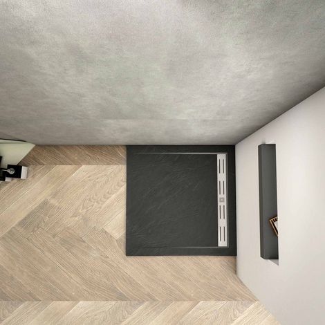 Piatto Doccia Quadrato Ultra Sottile 3cm In Pietra Vulcanica e Resina Mista Finitura Pietra Nera Ruvida Con Scarico Piletta 100x100 cm (1/5)