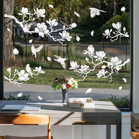 Stickers Fenetre Magnolia et Oiseaus - Autocollant Fenêtre Fleur Stickers Vitres Electrostatique Anti-Collision pour Fenêtres, Portes, Cuisine, Bureau et Chambre (1/4)
