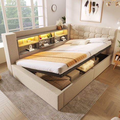 Polsterbett 140x200 cm Doppelbett mit hydraulischem Stauraum und LED-Beleuchtung, L-förmiges Kopfteil mit USB, Leinenstoff Beige (1/5)