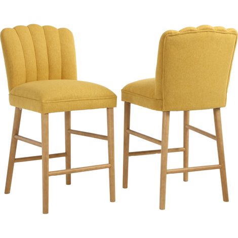 Wahson Lot de 2 Tabourets de Bar en Lin, Tabourets Hauts Pieds en Bois, Chaises de Bar Moderne avec Dossier Matelassé en Coquillage pour Cuisine, Jaune (1/5)