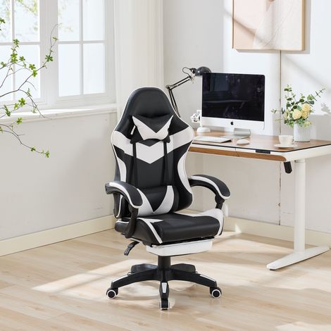 360°-Drehbare Ergonomische Rennsport-Design-Gaming-Stuhl Leder Hochlehnsbürostuhl Höhenverstellbarer Arbeitsstuhl mit Fußstütze, Kopfstütze und Lendenstütze für Büro und Gaming – Schwarz&Weiß