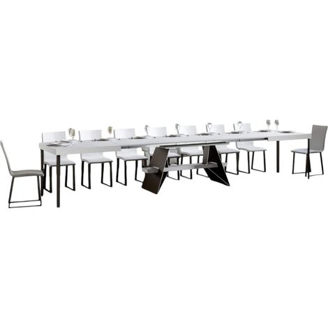 Grande table à rallonges bois blanc et pieds acier gris foncé 8 à 20 places 180 à 440cm Klaro (1/5)