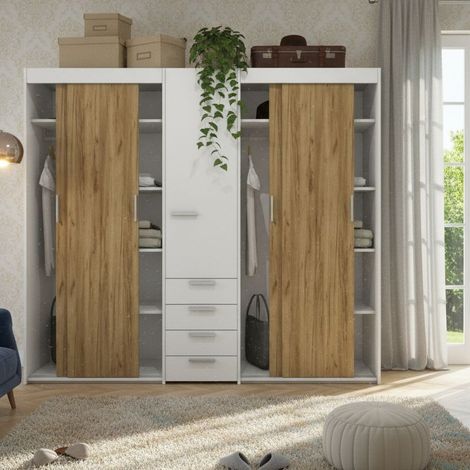 Armadio scorrevole L.225 cm con cassettiera centrale integrata - Bianco e Quercia