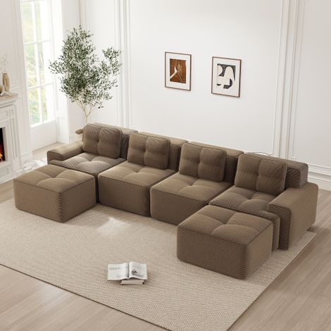 Canapé d'angle convertible,canapé 4 Places,canapé de salon,avec méridienne en Forme de L,canapé compressé modulaire,velours côtelé,Pas de Montage nécessaire,pour Salon et Petit Espace,Marron (1/5)