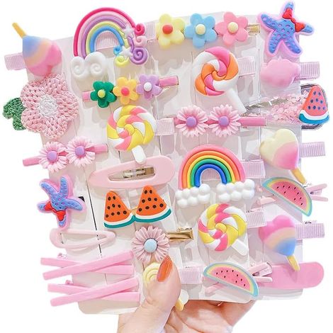 Lot de 28 Pinces à cheveux, Résine, Motifs fleurs fruits arc-en-ciel, Anti-dérapant, Pour filles enfants (1/5)