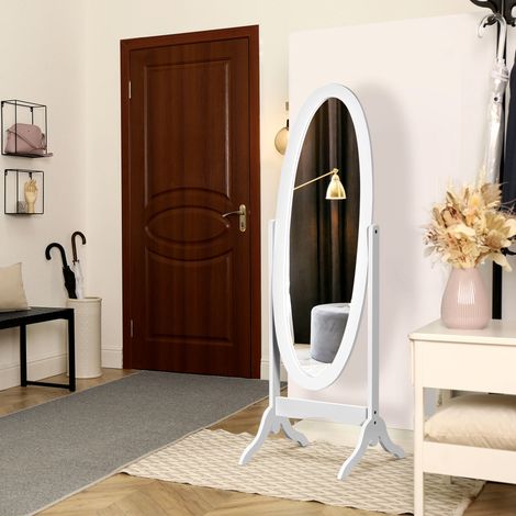 Ovaler Standspiegel im Shabby-Chic-Stil mit verstellbarer Neigung, Maße: 48 x 46 x 147 cm (L x B x H), weißes MDF
