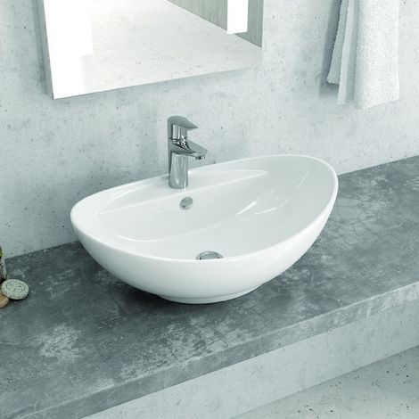 Lavabo da appoggio ovale design a bacinella in ceramica bianca  Litos-359 kamalu