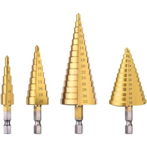 Foret Étagé, 4PCS Coupeur De Trou De Peu De Foret De CôNe Enduit Par Titane En Acier à Grande Vitesse Pour Le Bois, Acier Inoxydable, TôLe (1/5)