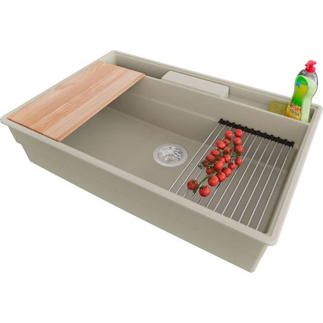 PRIMAGRAN Evier Cuisine en Granit 78x53cm,Lavabo 1 bac + Kit de Vidage + Accessoires, Évier à Encastrer au meuble 80cm - New York, Beige