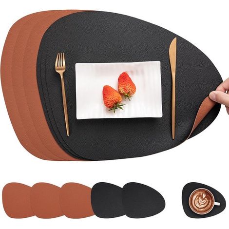 Juego de manteles individuales y posavasos，juego de manteles individuales y posavasos de plástico (negro y marrón，juego de 6) (1/5)