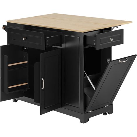 Isla de cocina móvil negra con ruedas, tablero extensible y almacenaje con cubo de basura (1/5)