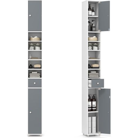 COSTWAY Slim Bathroom Tall Cabinet Floor Storage Cabinet Organizer-Grey+White (1/5)
