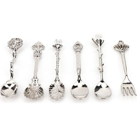 Ensemble de 6 cuillères et fourchettes en alliage de zinc style rétro vintage innovant, couleur argent (manche de fourchette en forme de couronne). (1/5)