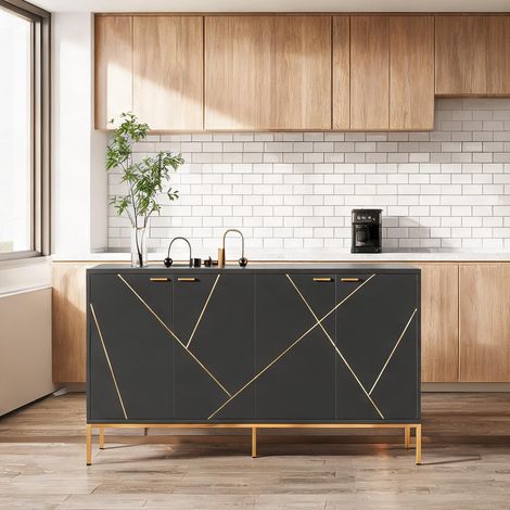 Meuble TV à 4 portes avec pieds métalliques noirs et dorés 150 cm (1/5)