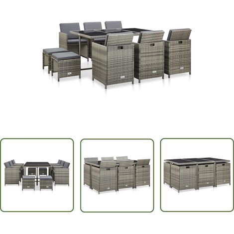 The Living Store 11-tlg. Garten-Essgruppe mit Auflagen Poly Rattan Grau - Gartenmöbelset - Essgruppen - Rattan Möbel - Outdoor Küche - Terrassenmöbeln (1/5)