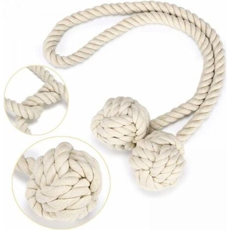 1 attache de rideau avec 2 boules de coton, corde de rideau en fil de coton écologique, style naturel et simple, décoration de salon ou de chambre (beige) (1/5)