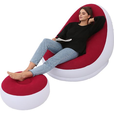 Chaise Gonflable Pliante Daim Confortable avec Tabouret Pied - Fauteuil Lounge pour Camping Voyage Extérieur Rouge