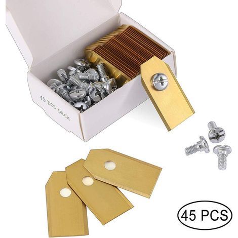 Paquete de 45 cuchillas de titanio para cortacésped Husqvarna y Gardena – 35 x 18 x 0,75 mm – Instalación rápida con tornillos (1/5)