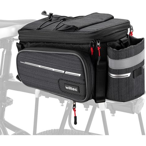 Wiltec Bolsa para bicicleta 20 L negra resistente al agua extensible con múltiples compartimento para portátil y con correa para llevarla al hombro fácil de instalar en portabultos trasero