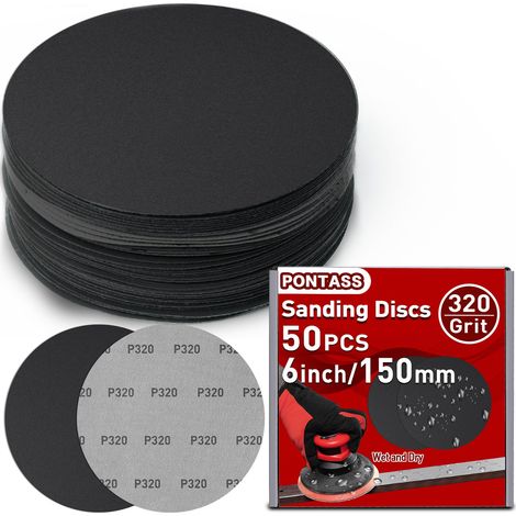 150mm Disques Abrasifs Ronds, Grain 320 Papier de Verre Sec à l'eau, 50 Pièces Abrasif Rond Papier a Poncer Disques de Ponçage Polissage pour Auto, Mastic, Plastique, Vernis, Ponçage Sans Poussière (1/5)