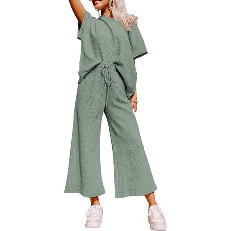Ensemble décontracté femme été t-shirt manches courtes et pantalon large jambe, survêtement 2 pièces vert taille US 8-10 (1/5)