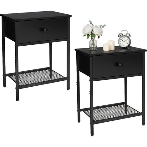 Relaxdays Nachttisch 2er Set, Schublade & Ablage, HBT: 55x40x30 cm, modern, Holzoptik, Metall, Nachtschrank, schwarz