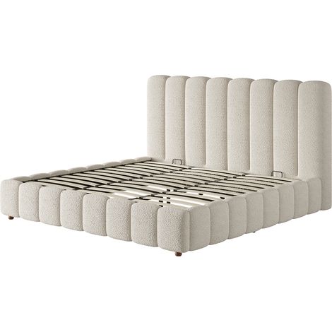 Lit double capitonné 180x200 cm en bouclette blanc avec rangement hydraulique et sommier (1/5)